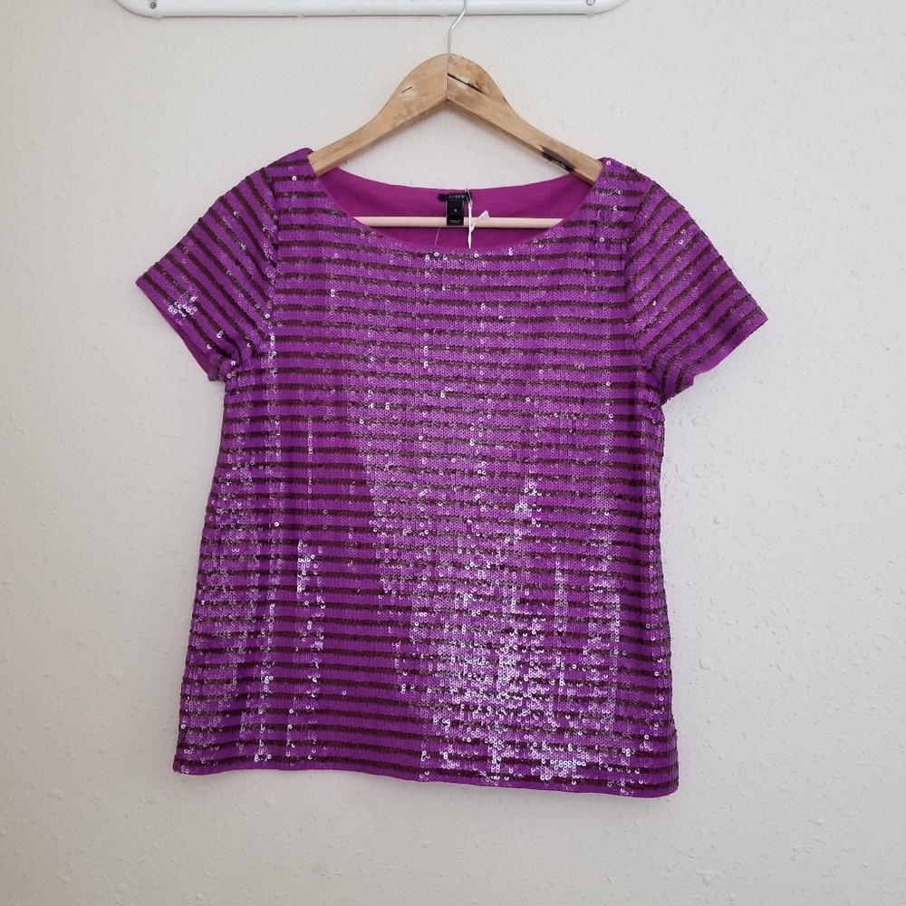 J Crew Sequin Purple Striped Short Sleeve Top